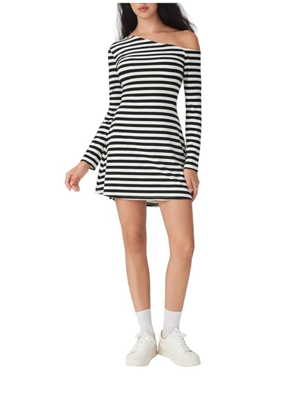 CIDER Striped One Shoulder Long Sleeve Mini Dress Elegant Casual Fall Dress